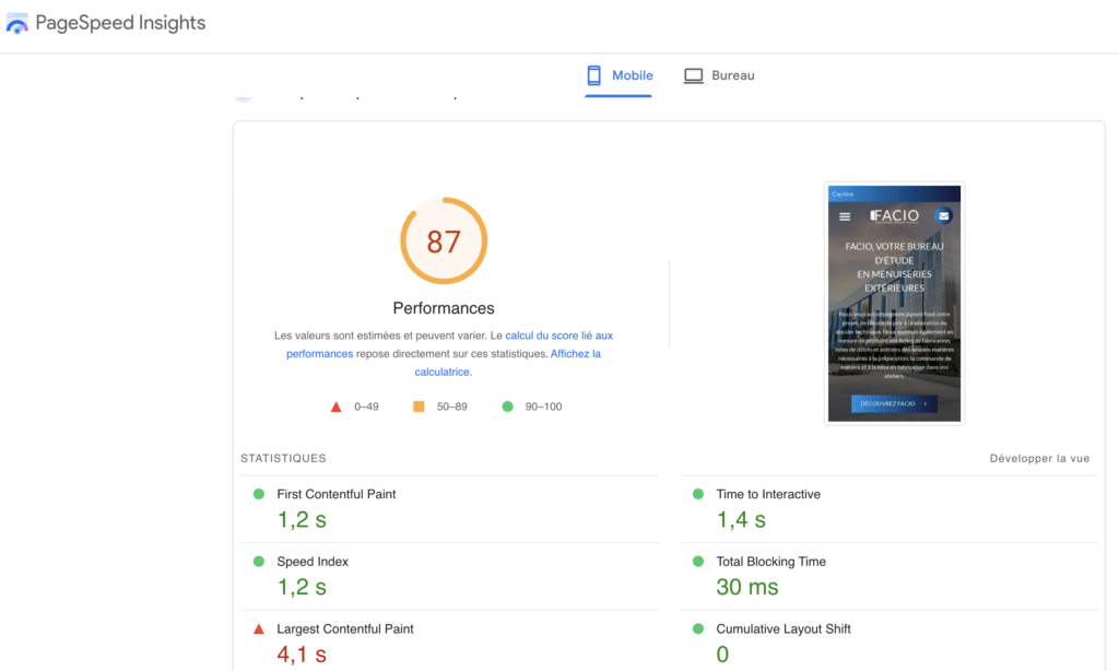 Exemple pagespeed insights mobile