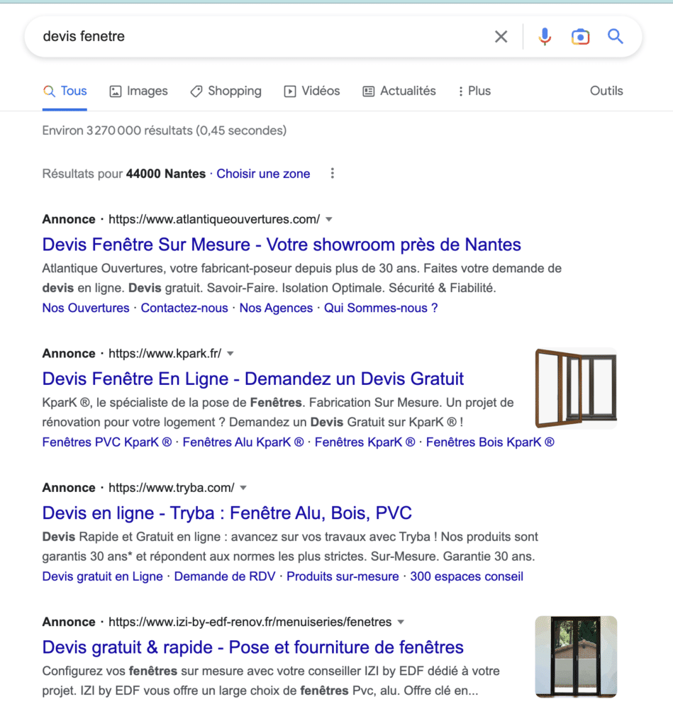 Exemple d'annonce search sur Google Ads